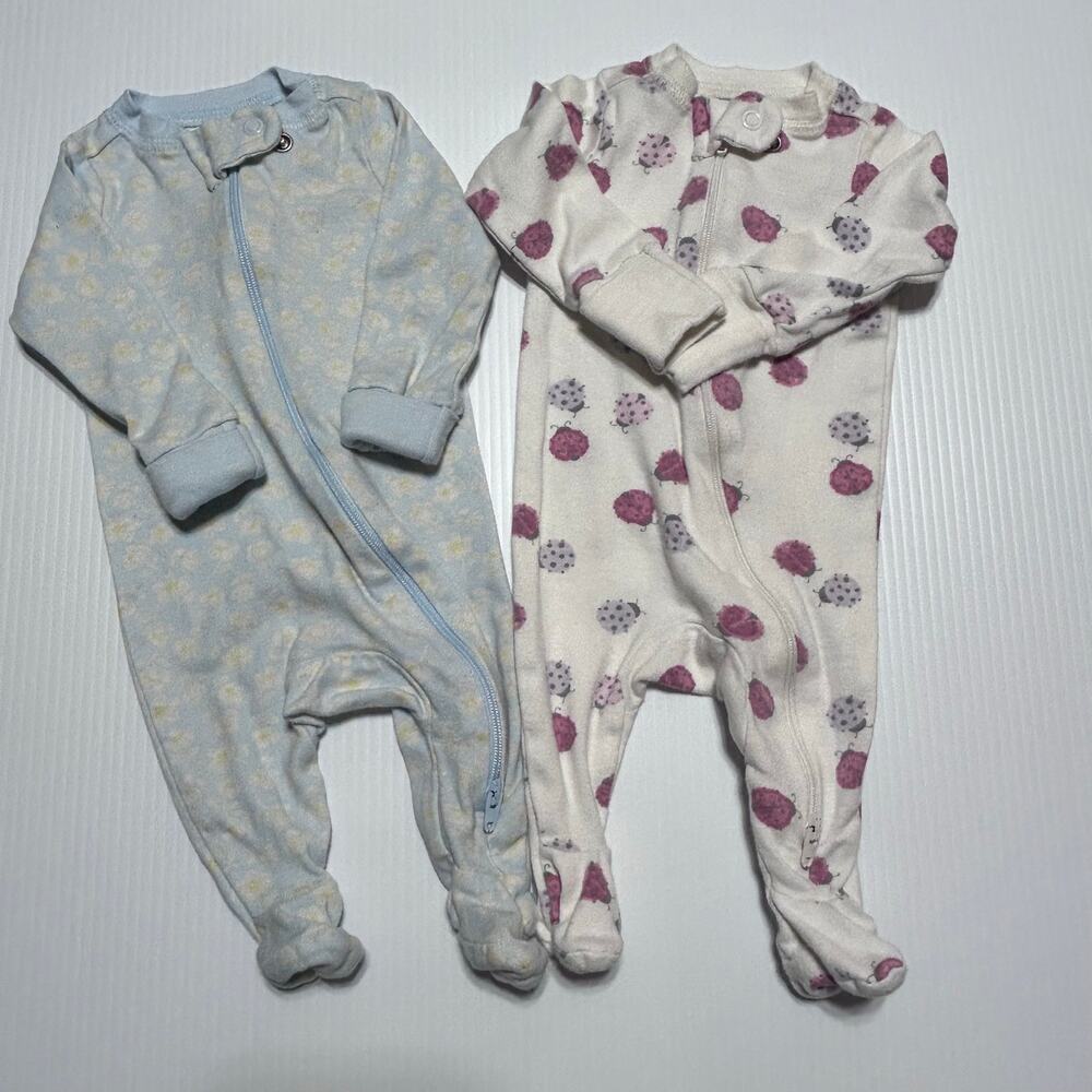 Member's Mark Organic Baby NB Newborn Sleepers (2) Long Sleeve Footed Ladybugs
